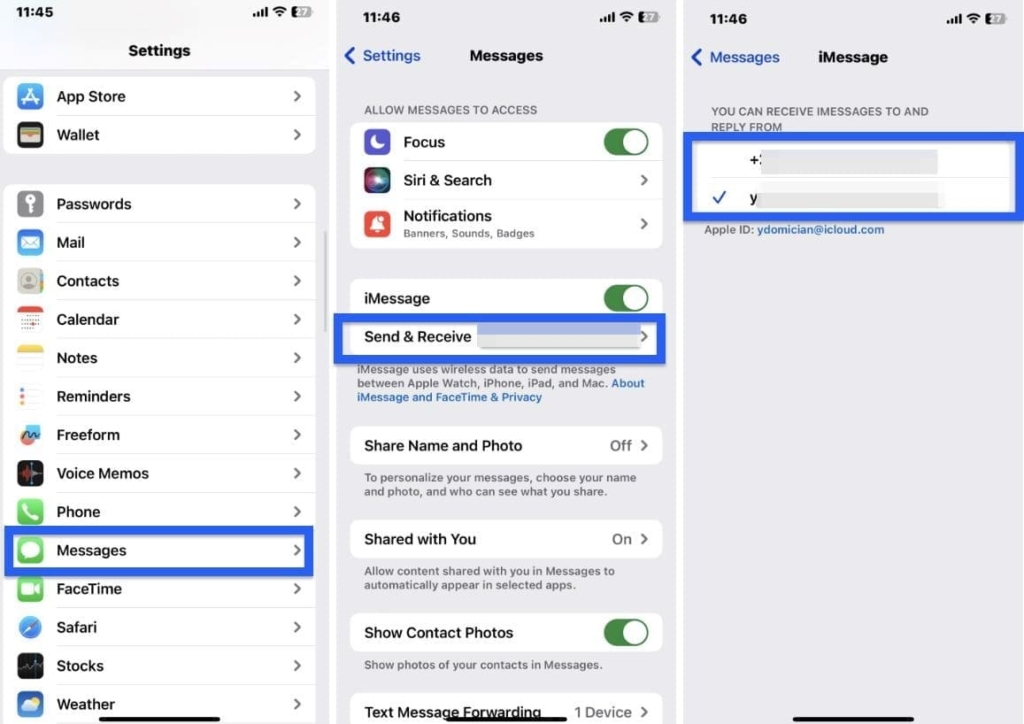 Screenshots of Settings way in iPhone to enable forwarding messages