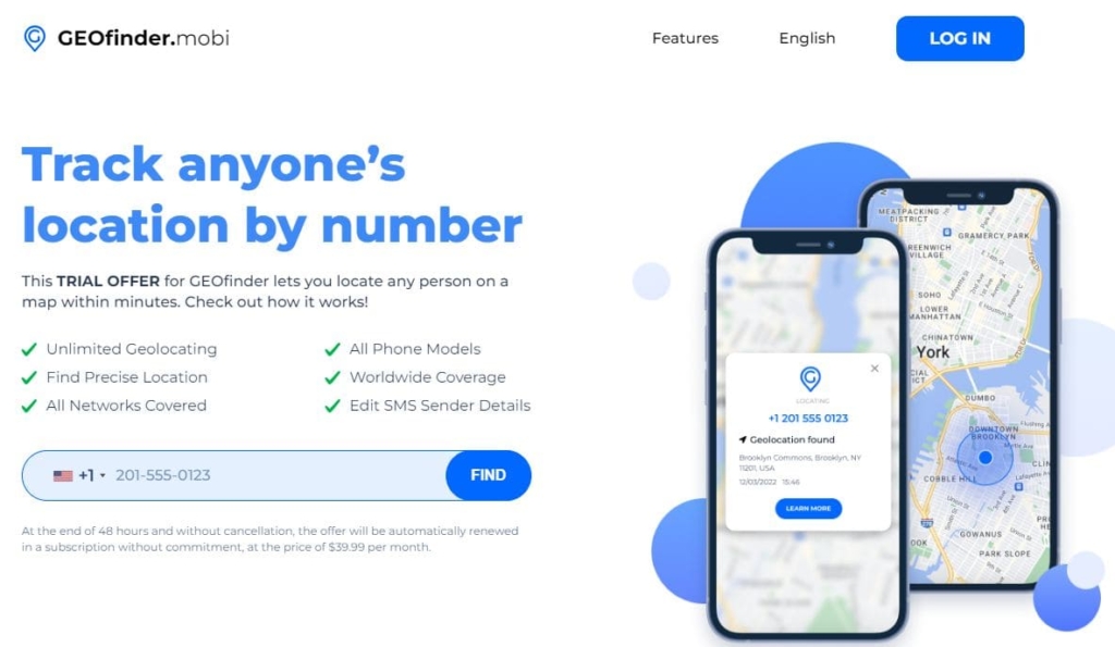 GEOfinder homepage for tracking anyone's location by phone number with a field for entering a phone number