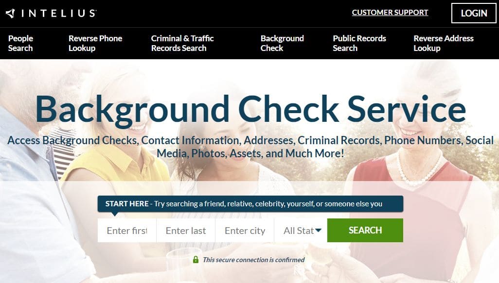 View of Intelius website with Background Checks section