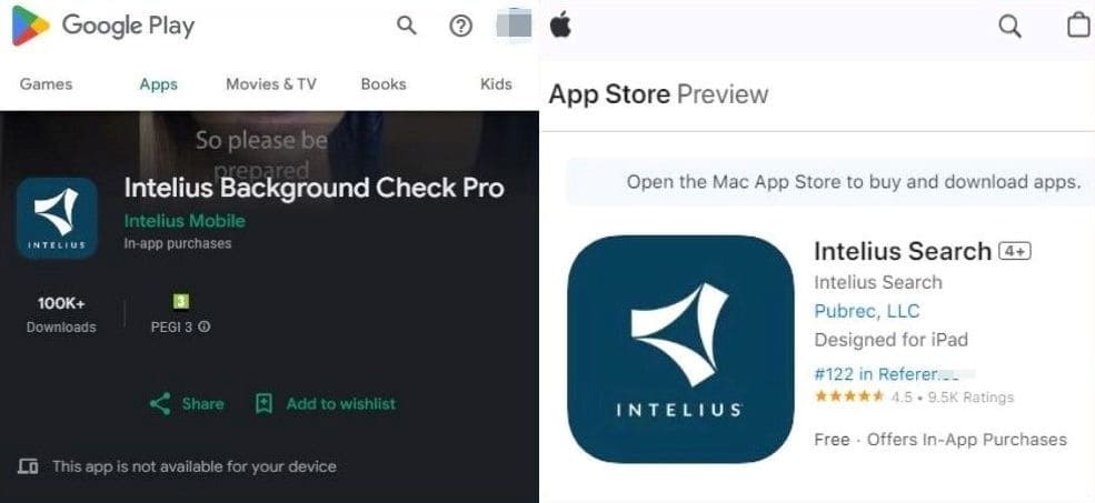 Two screenshots of Intelius in the Google Play Store and Apple Store apps