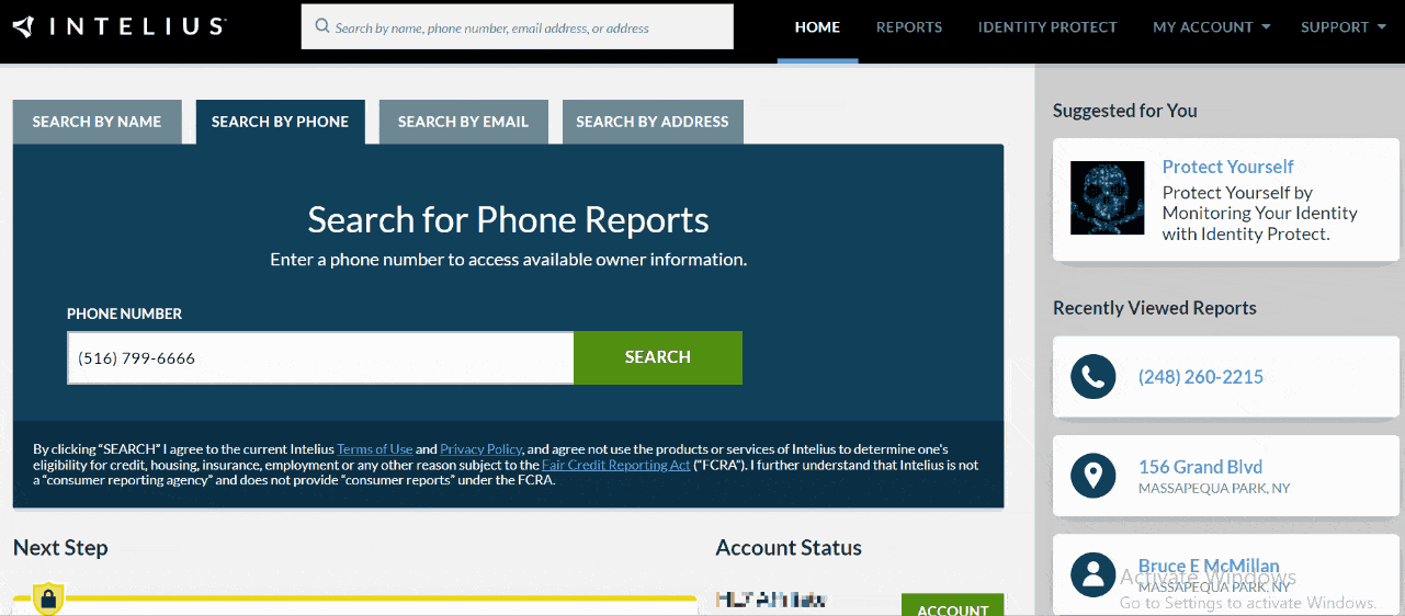 Search result for a phone number on Intelius