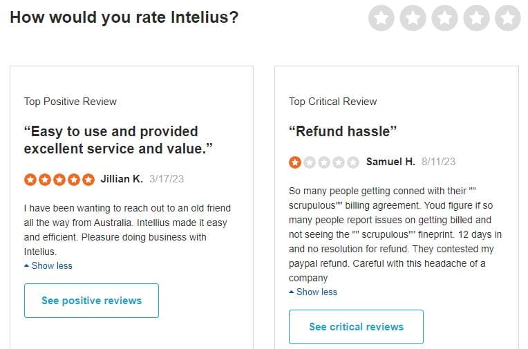 Positive and negative Intelius comments on Sitejabber