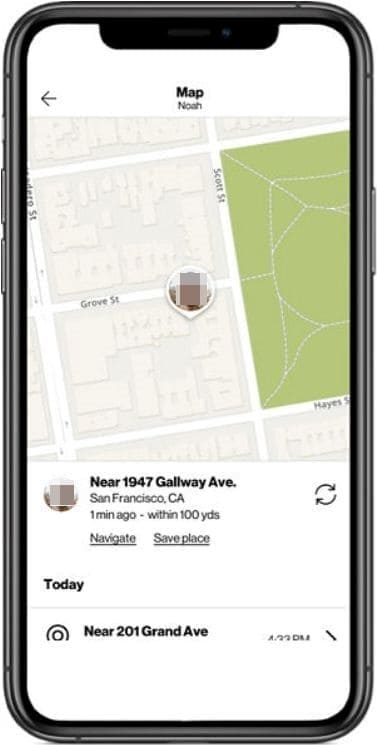 screenshot of your phone screen with your location on a map in the verizon smart family app