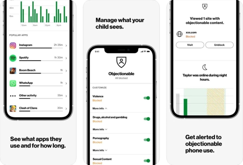 Three screenshots of phone screens using Parental Controls on Verizon Smart Family