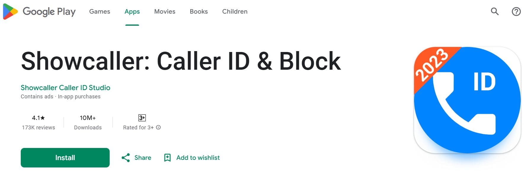 View of the Showcaller: Caller ID & Block app in the Playmarket with information about the app and an install button