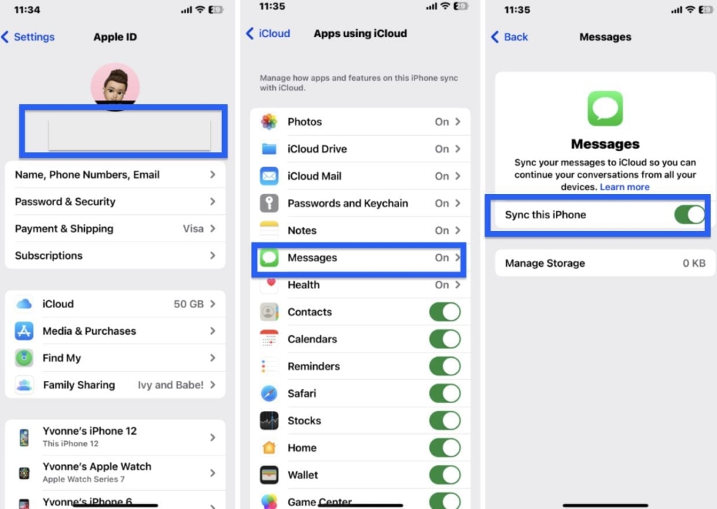 Screenshot of settings way on iPhone to sync messages to iCloud