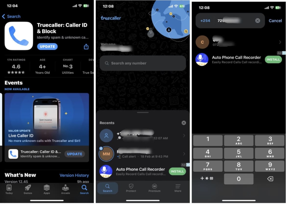 screenshots of Truecaller's pages for identifying unknown callers and blocking spam calls