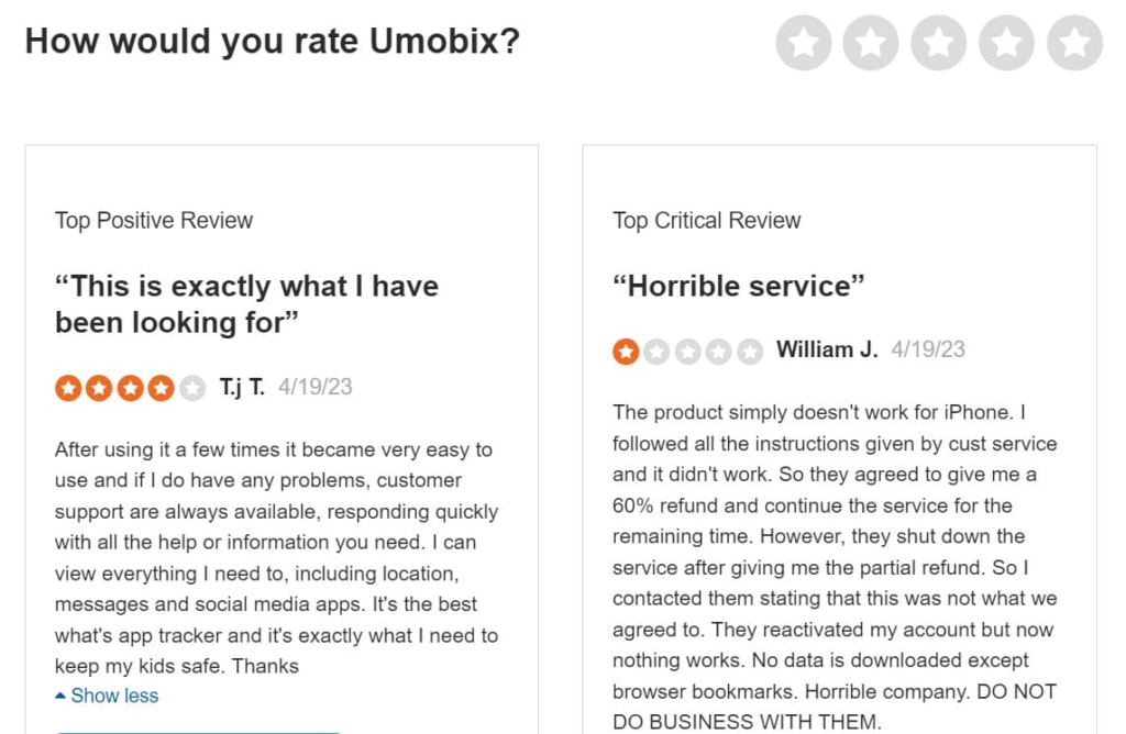 positive and negative uMobix comments on Sitejabber