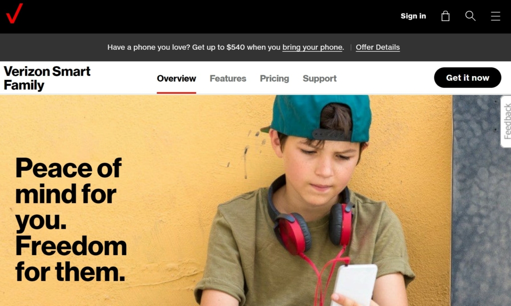 Image of a kid with a phone on the main page of Verizon Smart Family app