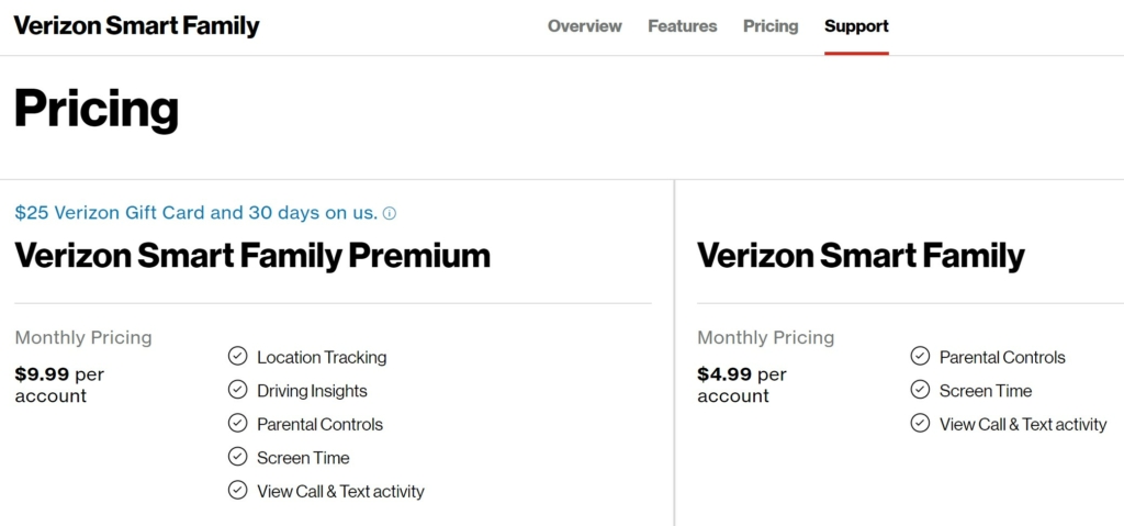 Verizon Smart Family rate plan with cost information
