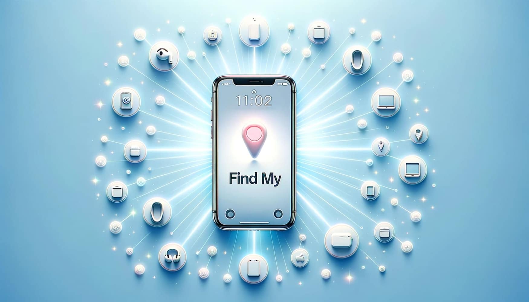 An iPhone with the "Find My" interface connected by radiant rays to icons of other Apple devices on a light blue background