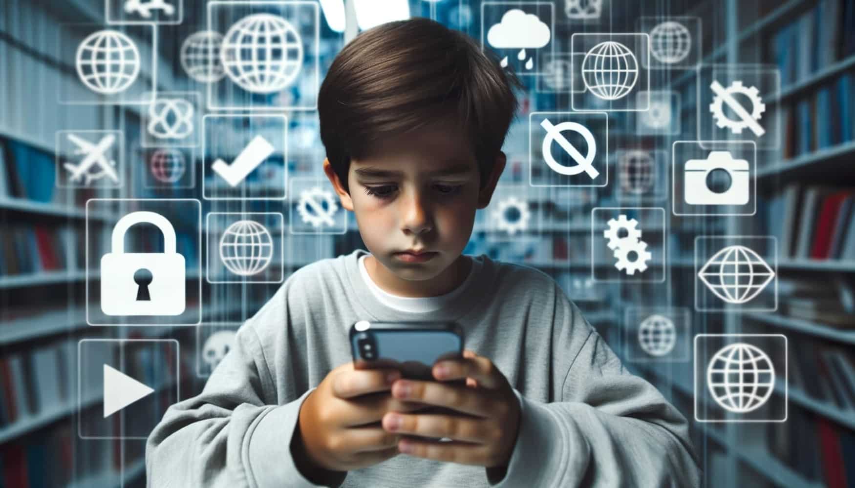 Photo of a young boy intently looking at an iPhone he's holding in his hands. Behind him, a translucent digital wall displays various website logos, some of which have a crossed-out sign, indicating they are blocked.