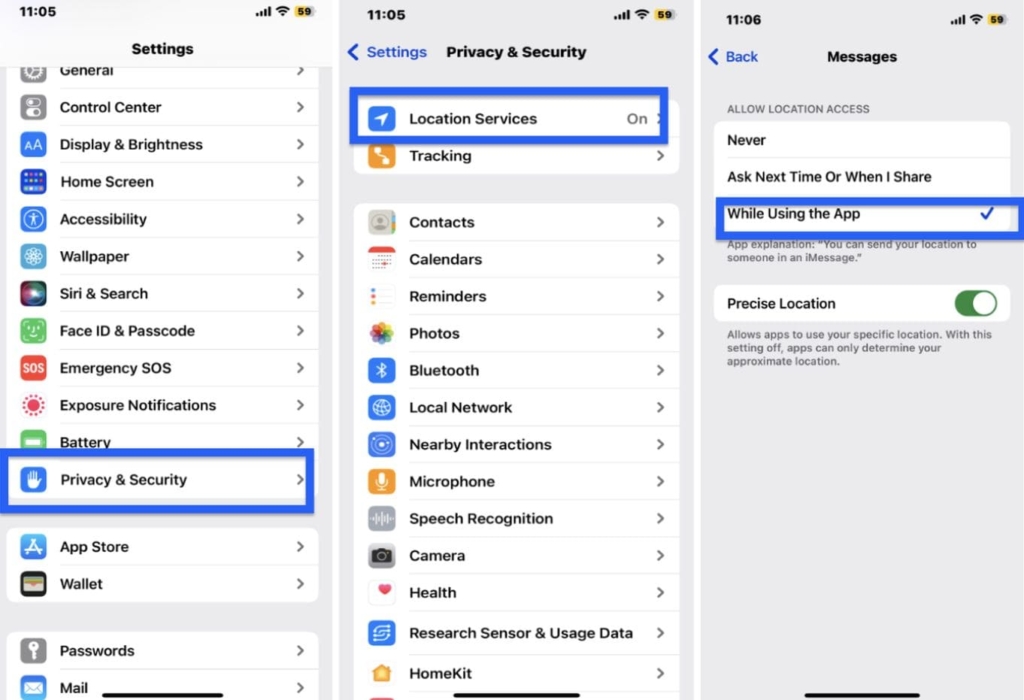 Steps on how to check location permission in iMessages