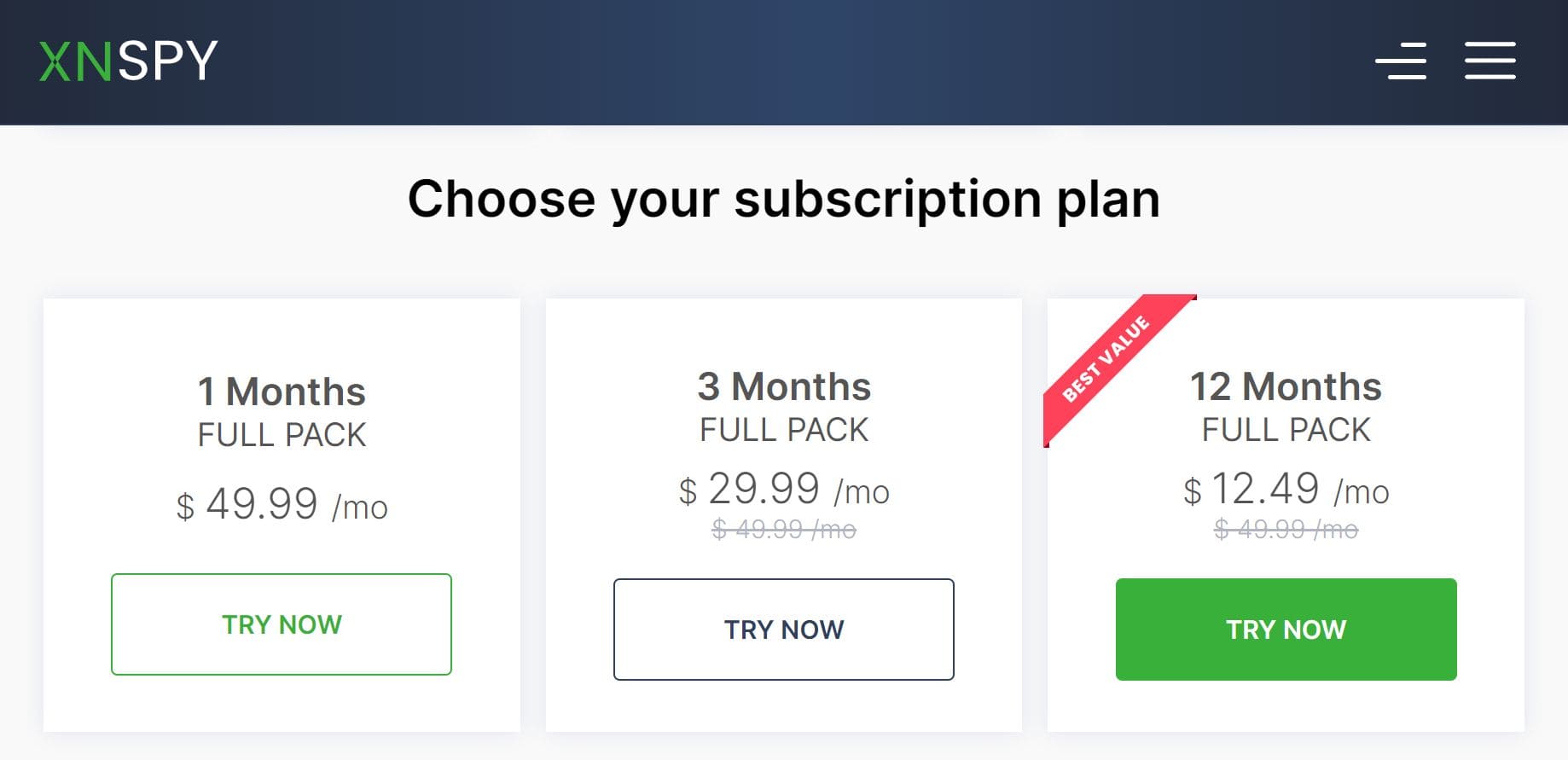 Screen to choose subscription plans in XNSPY
