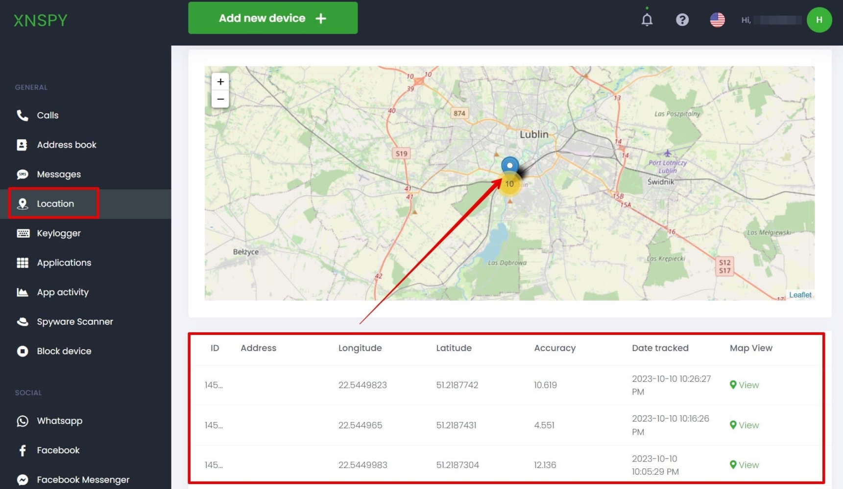 Location tracking view in the XNSPY control panel