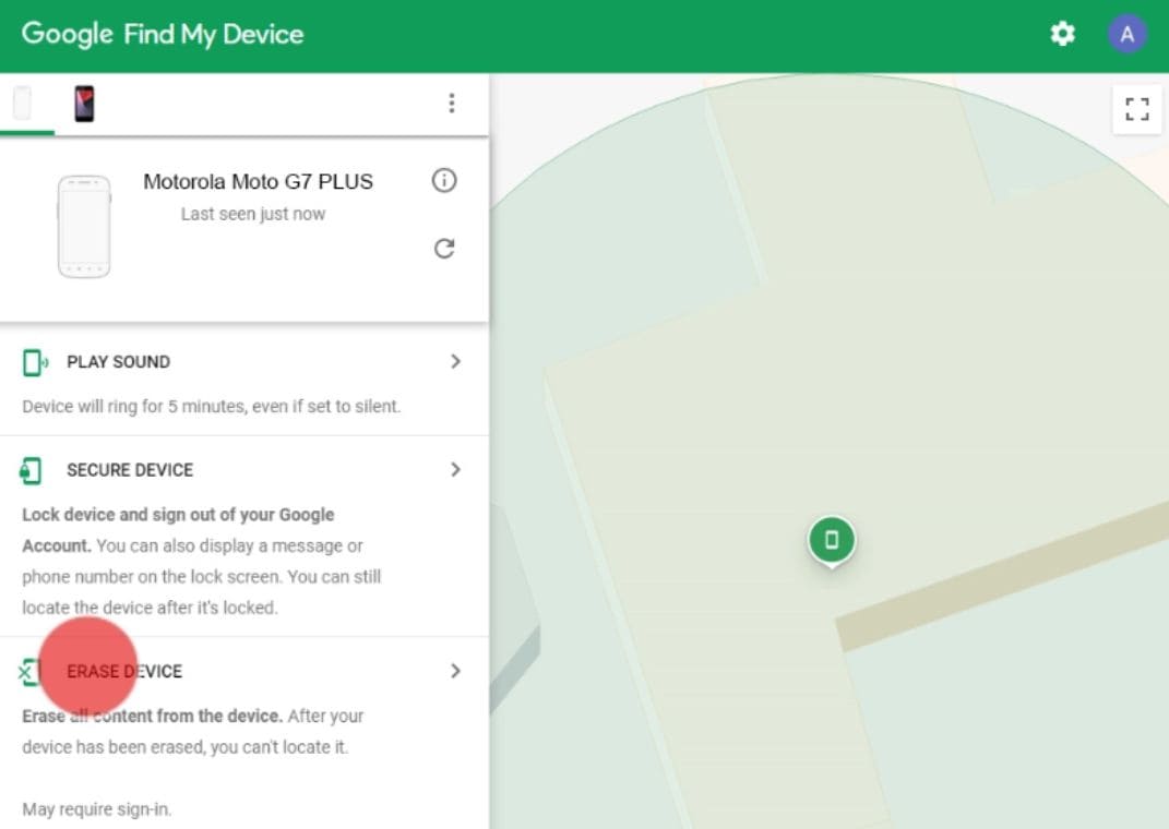 An image of Erase Device Feature when locating a Moto G7 Plus phone with Find My Device