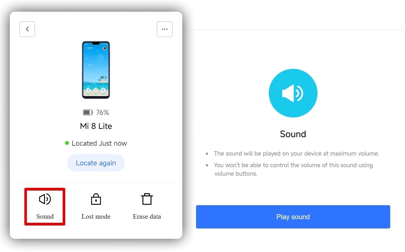 An image of Find My device showing the play sound feature