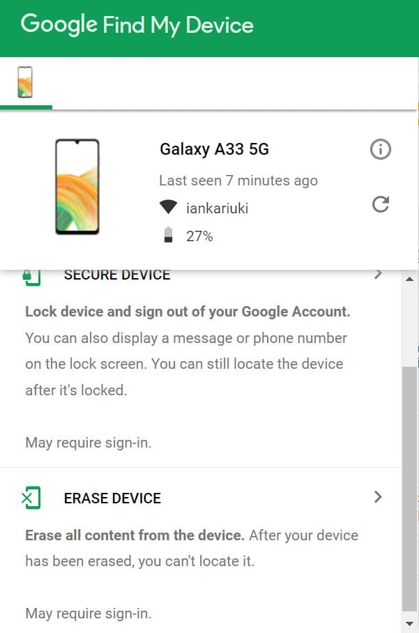 An image of Google Find My Device erase device feature