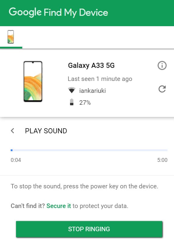 An image of Google Find My Device play sound feature