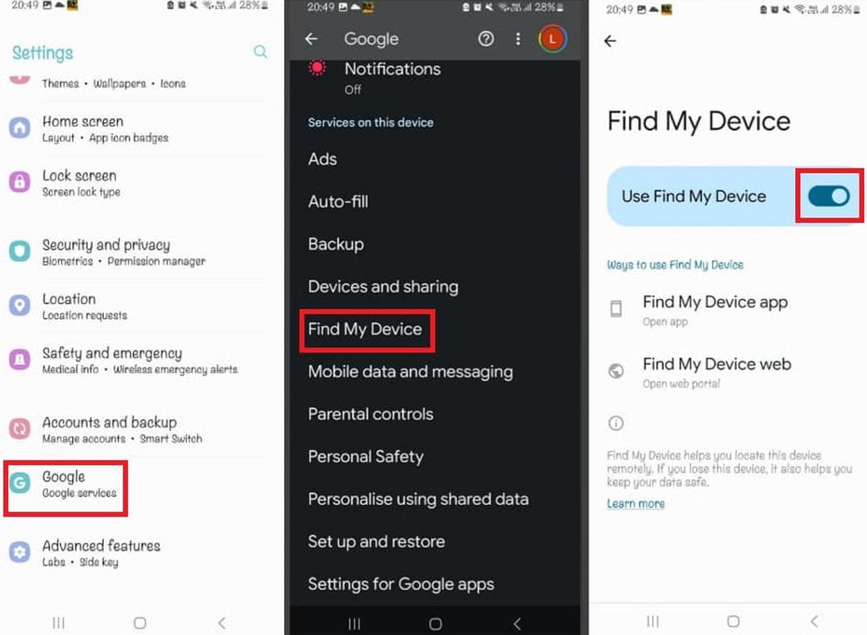 An Image of how to set up Google FInd My Device on Android device