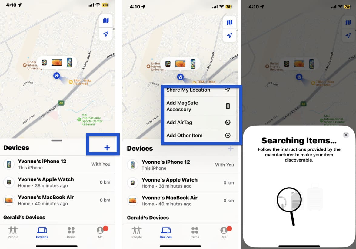 Screenshot of the step-by-step guide how to add a device to the Find My iPhone app