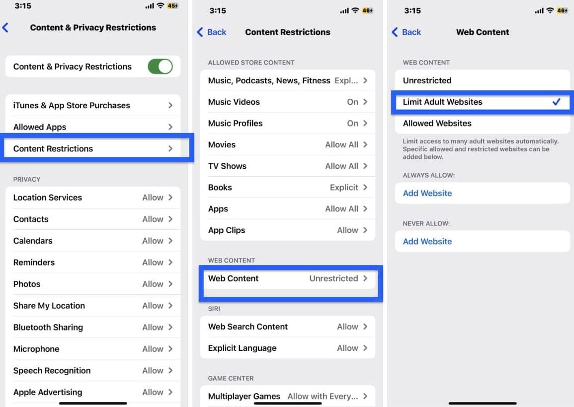 Three screenshots with step-by-step steps to block websites on Safari iPhone