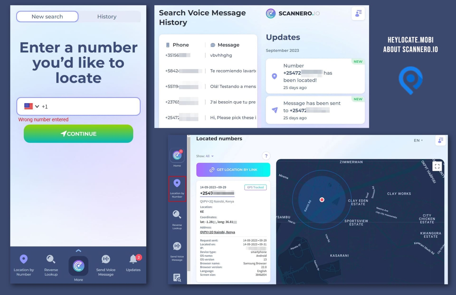 Enter the phone number, send an SMS and see the location of the number on the map and follow the history of changes