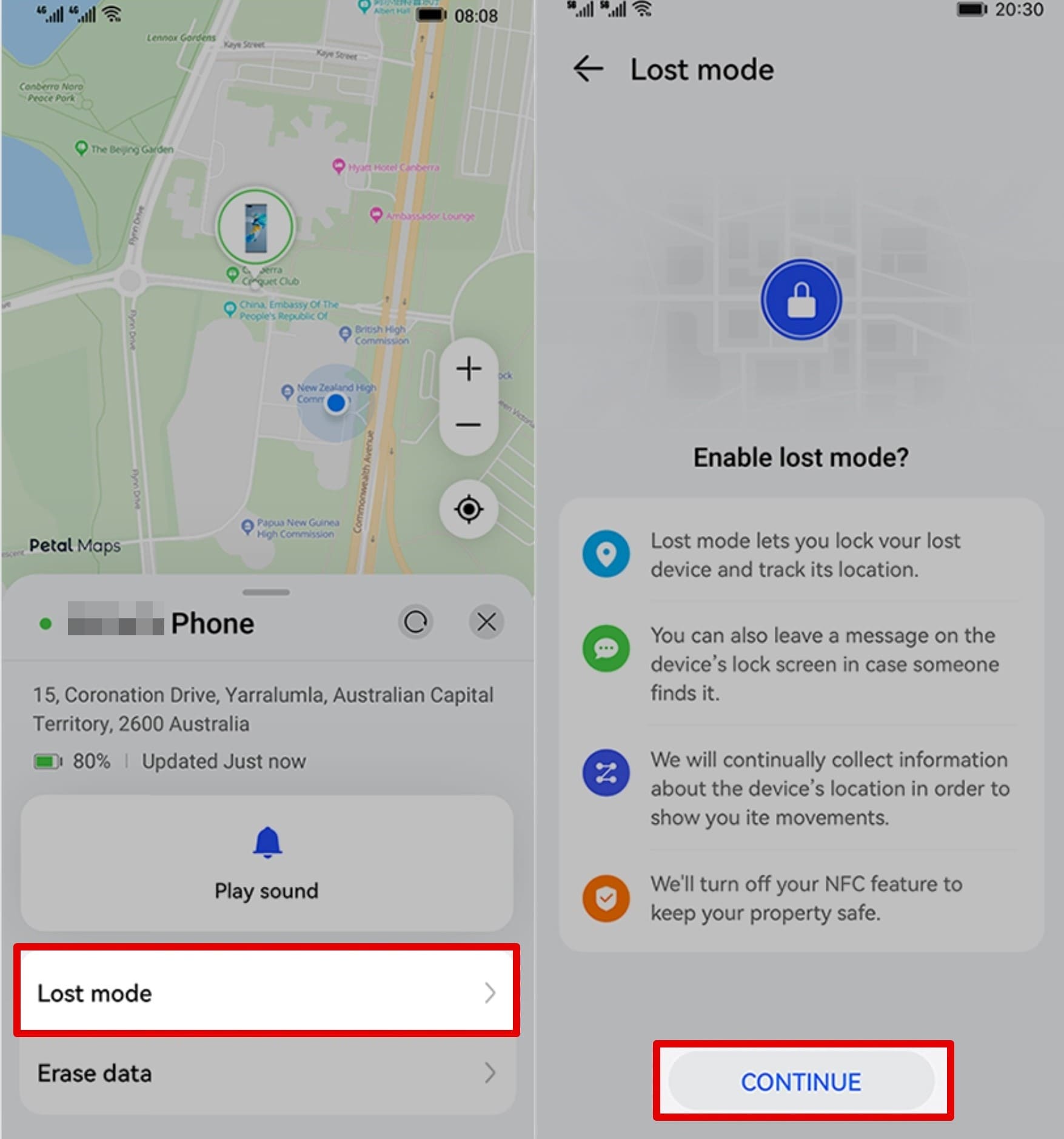 An image of the Lock device function for Huawei phone on Huawei cloud