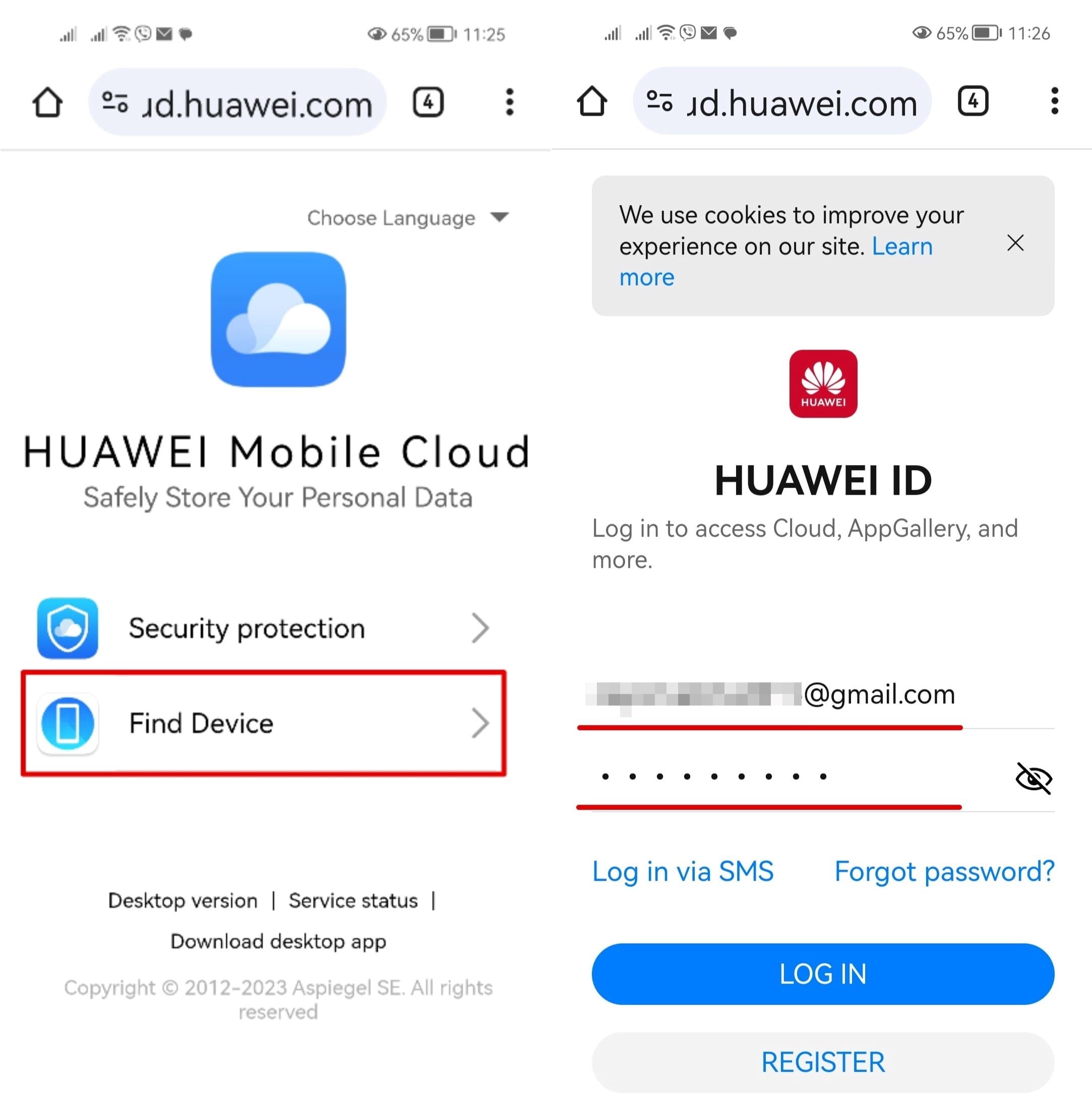 screenshots of Huawei mobile cloud page and Huawei account with login and password fields