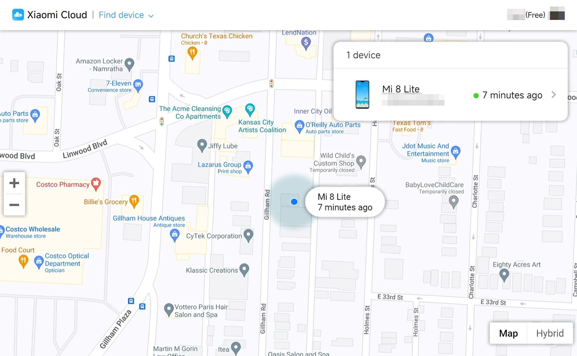 An image of a phone located on Google maps with Mi Find Device