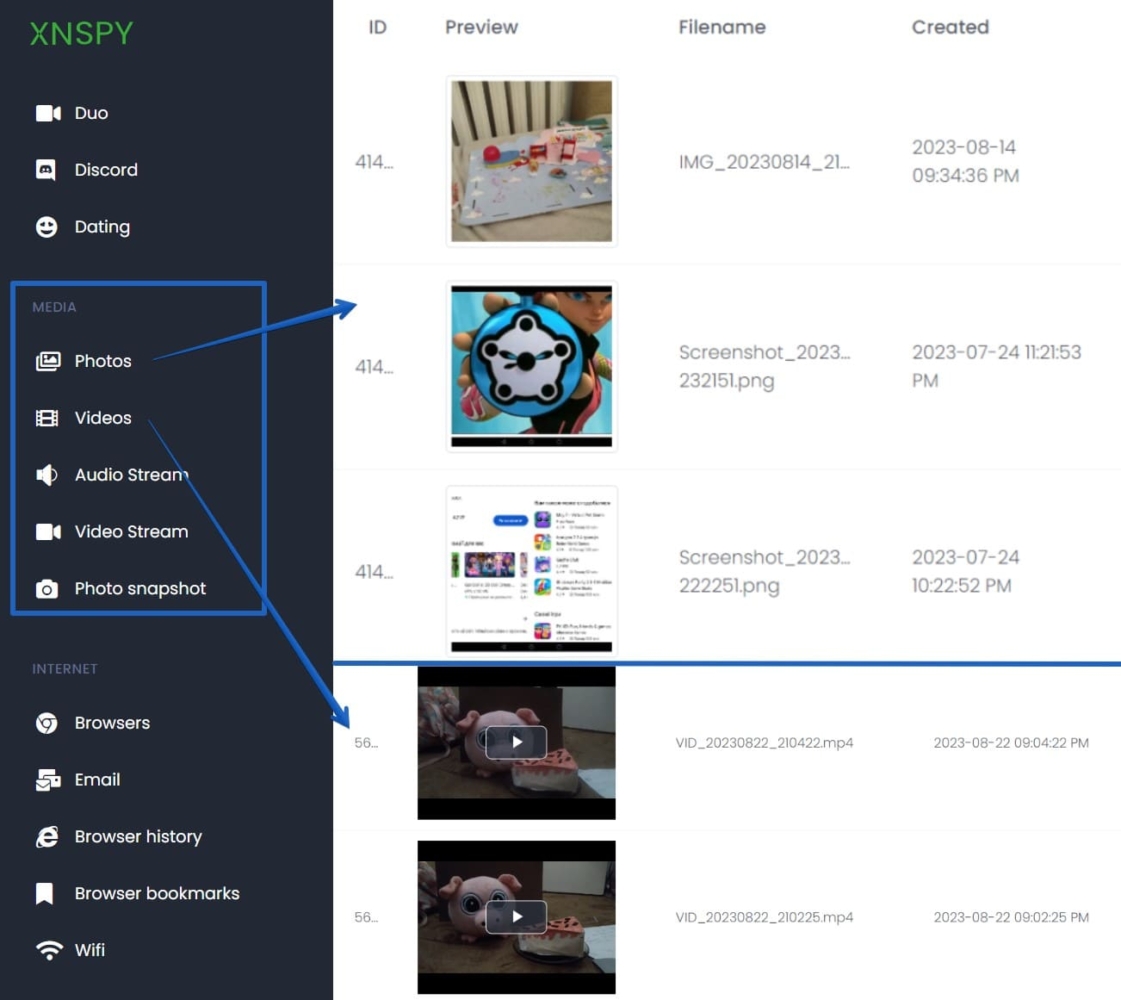 What XNSPY shows in the video and photo tab