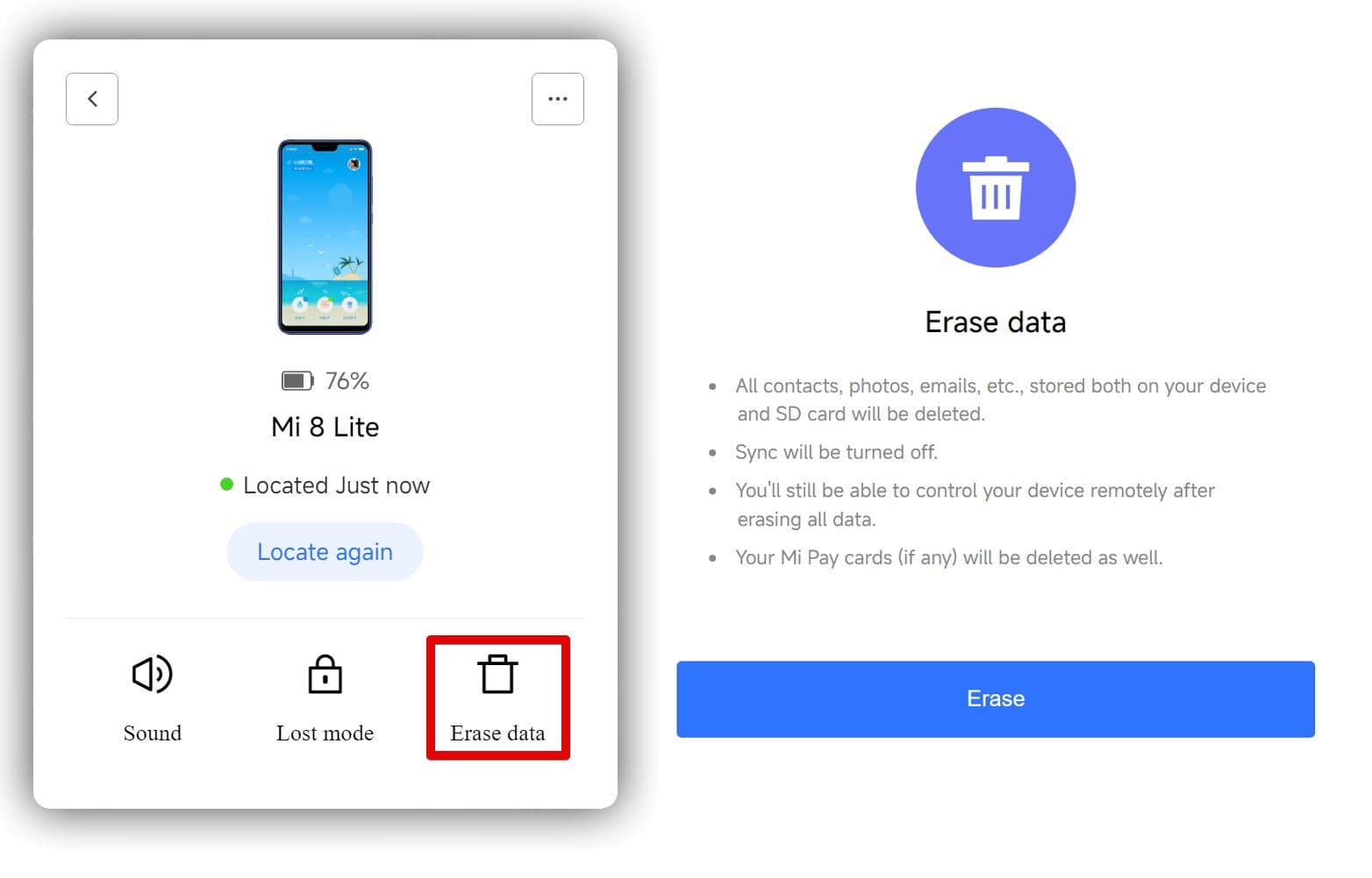 Find My Device image with data erase function