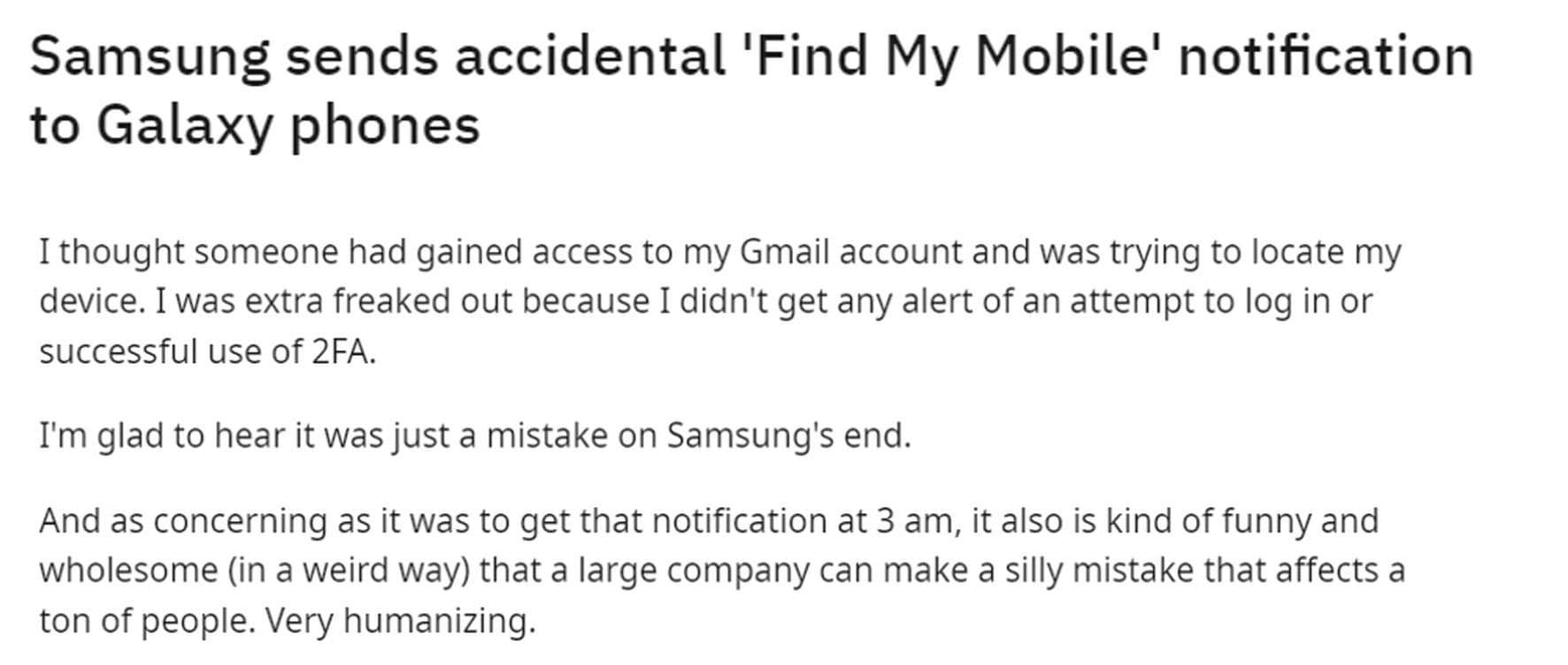 An image of a negative user comment about Find My Mobile Reddit