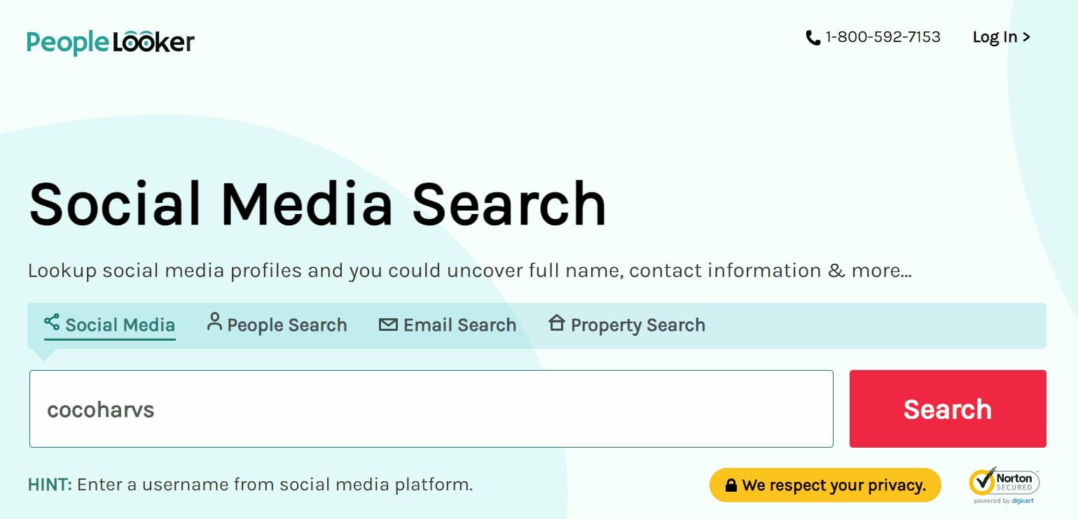 a screenshot of the main page of the PeopleLooker website for searching for information about fraudsters on social media