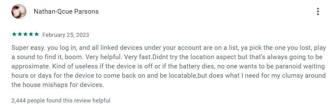An image of positive user review about Google Find My Device