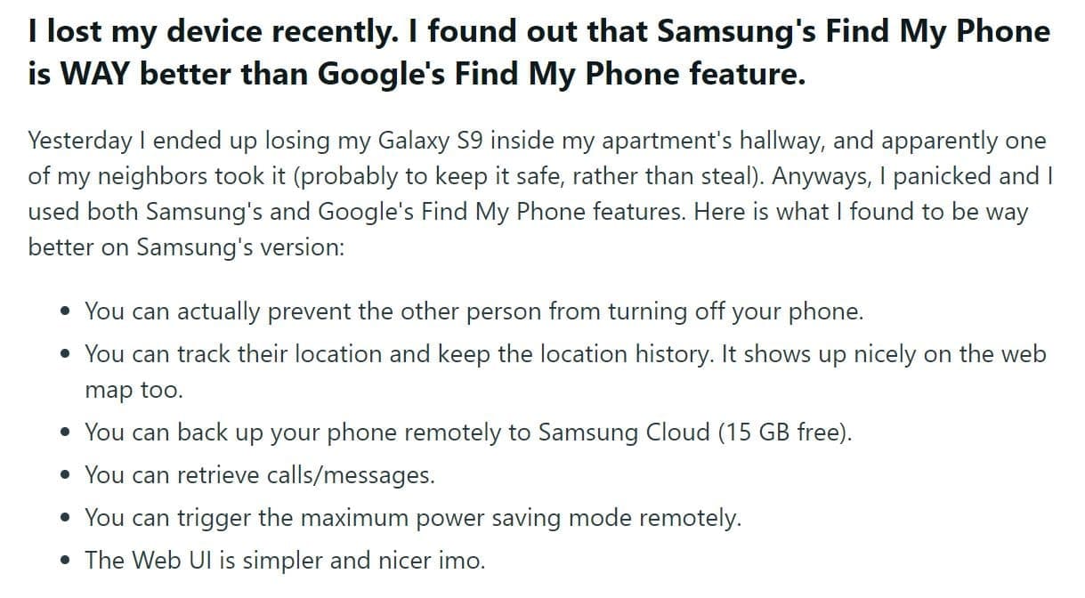 An image of a positive user comment about Find My Mobile Reddit
