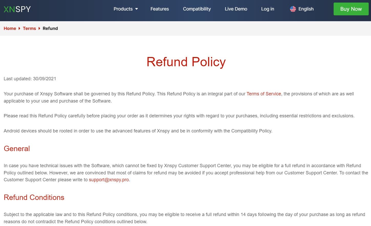 XNSPY Return Policy Description