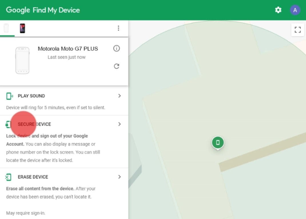An image of the Secure Device feature on Google Find My Device website for a Moto G7 Plus phone