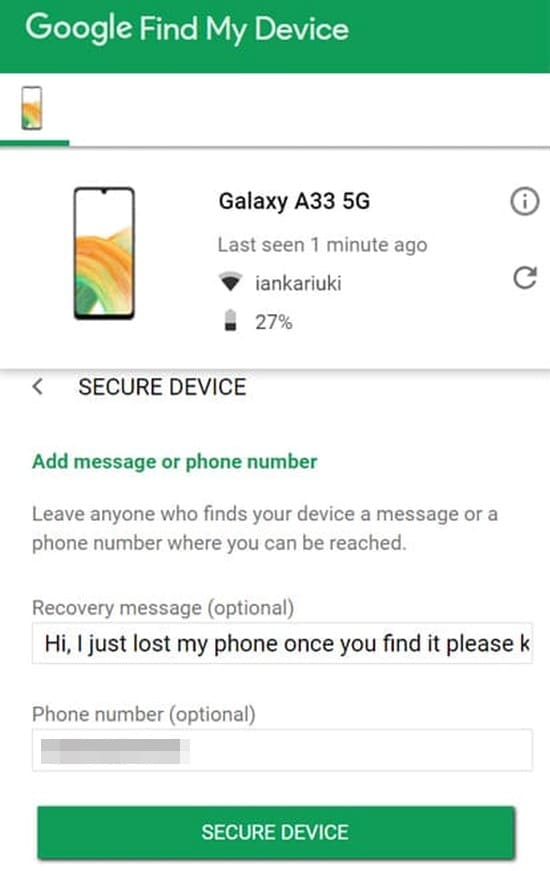An image of Google Find My Device showing the secure device feature
