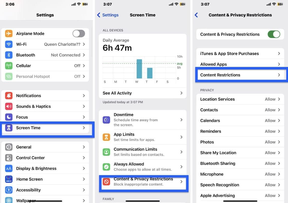 Three screenshots with step-by-step steps to set up Screen Time on Apple