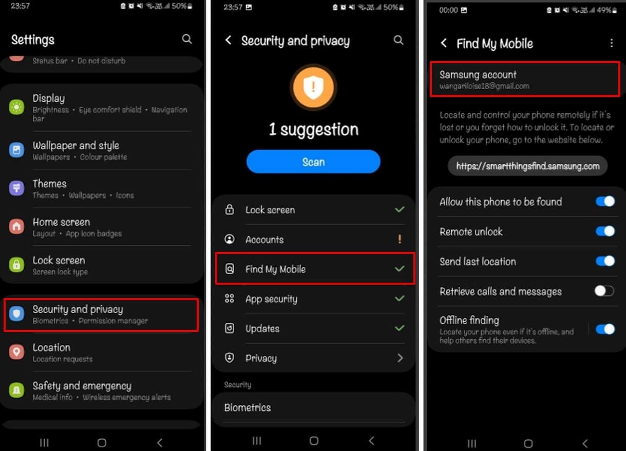 An Image showing how to enable Samsung Find My Mobile