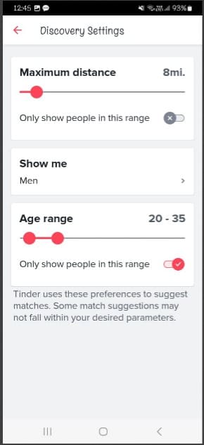 An image of Tinder discovery settings