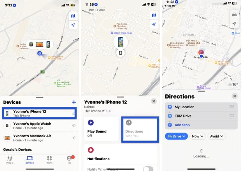 screenshot of step-by-step instructions for tracking iPhone location using Find My app