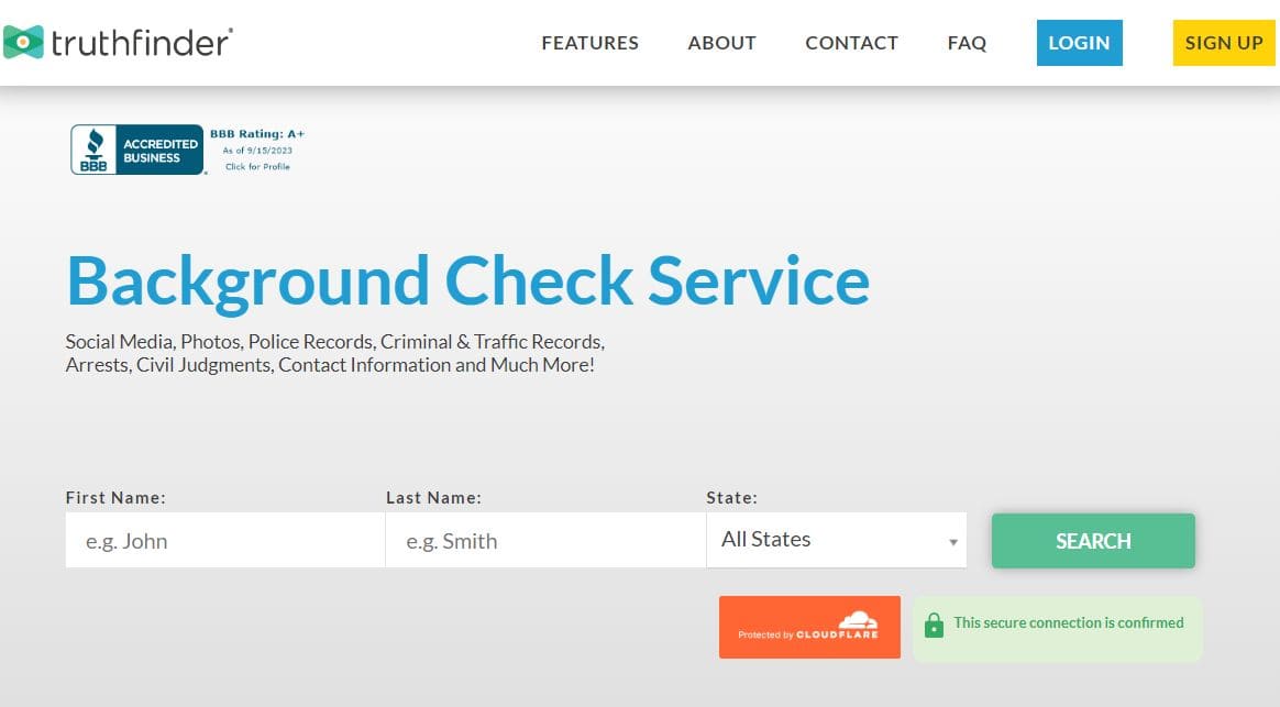 Truthfinder website main page of Background Check service