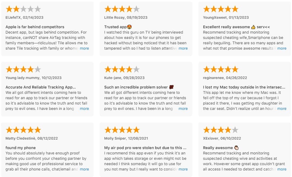 screenshot of user reviews of the Find My App