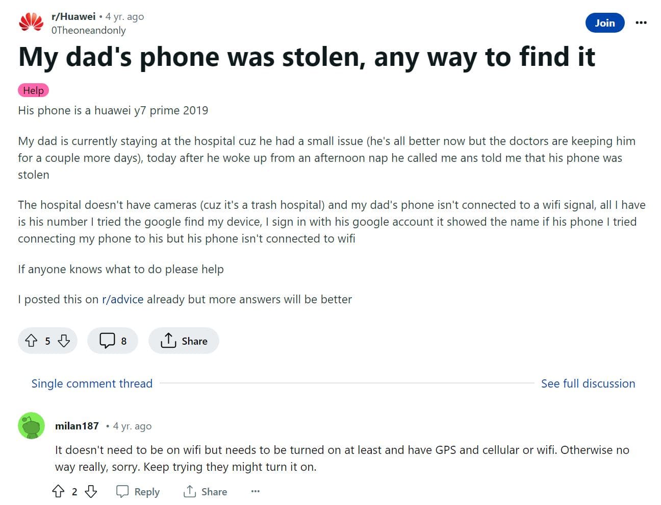 screenshot of a user review of Huawei Find My Phone on reddit.com