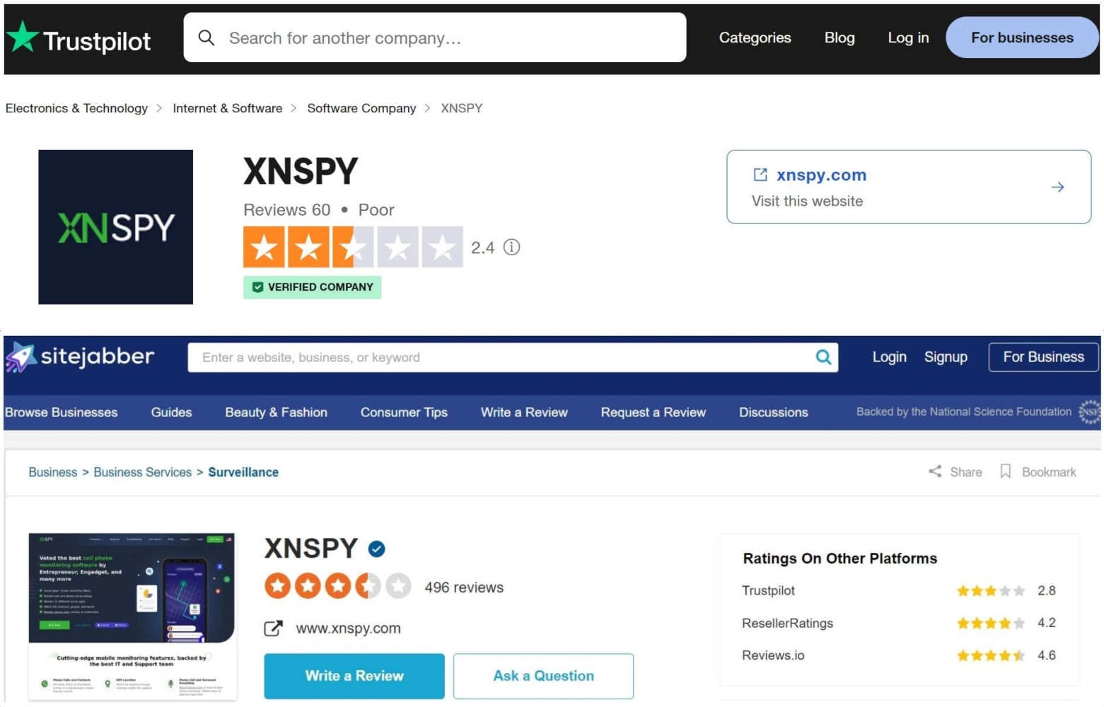 XNSPY reviews on independent sites Trustpilot and Sitejabber Consumer Relations