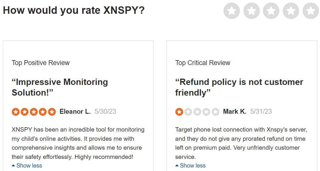 Positive and negative reviews of XNSPY on Sitejabber