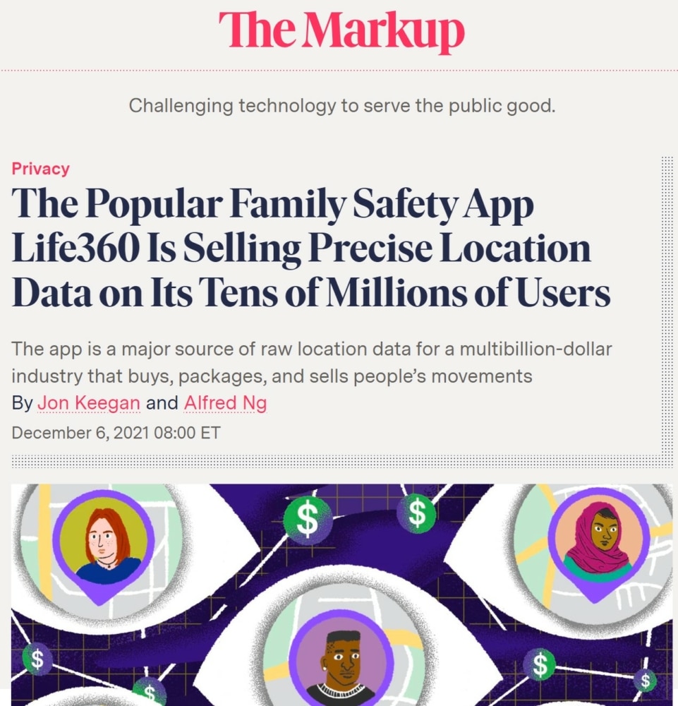 Screenshot of the Markup media research about Life360 location tracking app selling users data