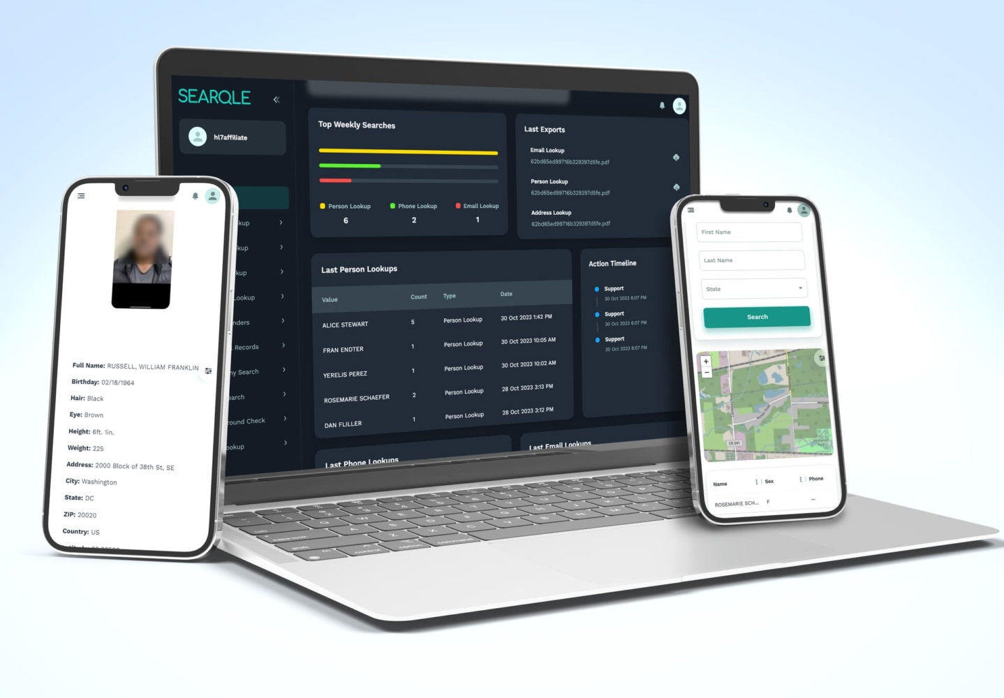 A laptop with the Searqle dashboard turned on and two phones with the results of a person search in Searqle